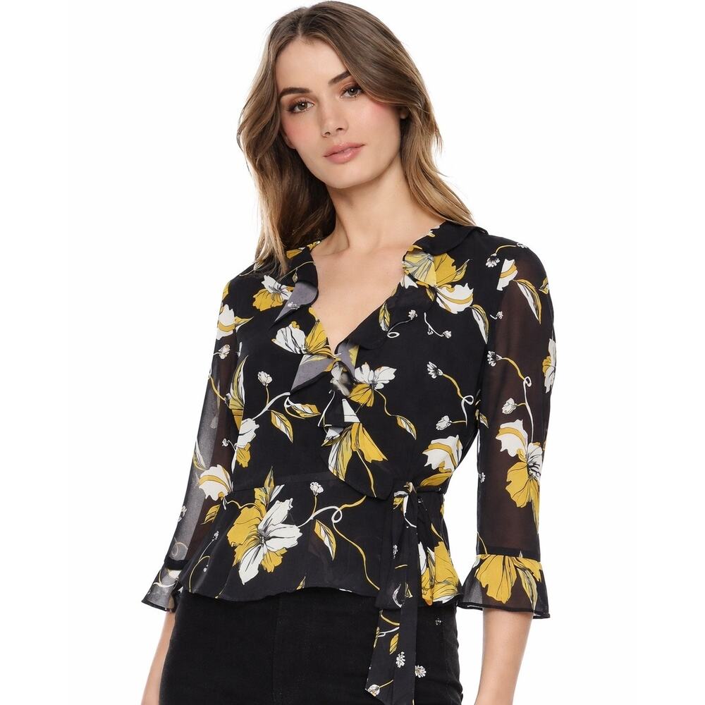 Revolve Bardot Black & Yellow Floral Wrap Blouse | Sheer Ruffle Top | Size 10